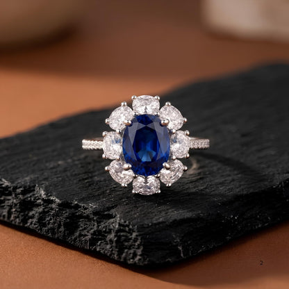 3 Carat Oval Sapphire Blue Cubic Zirconia Halo Ring, 925 Sterling Silver Ring with Platinum Plating, Sapphire Rings for Women, Floral Engagement Ring,Cocktail Ring, Gift for Her