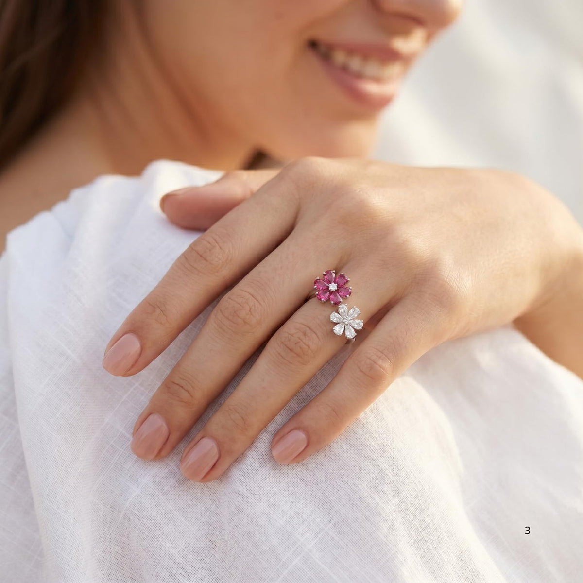 Floral Open Ring for Women, 925 Sterling Silver Pear Shape Cubic Zirconia Statement Ring, Platinum Plated Cocktail Jewelry