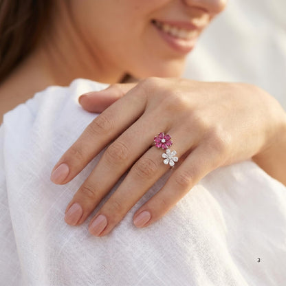 Floral Open Ring for Women, 925 Sterling Silver Pear Shape Cubic Zirconia Statement Ring, Platinum Plated Cocktail Jewelry