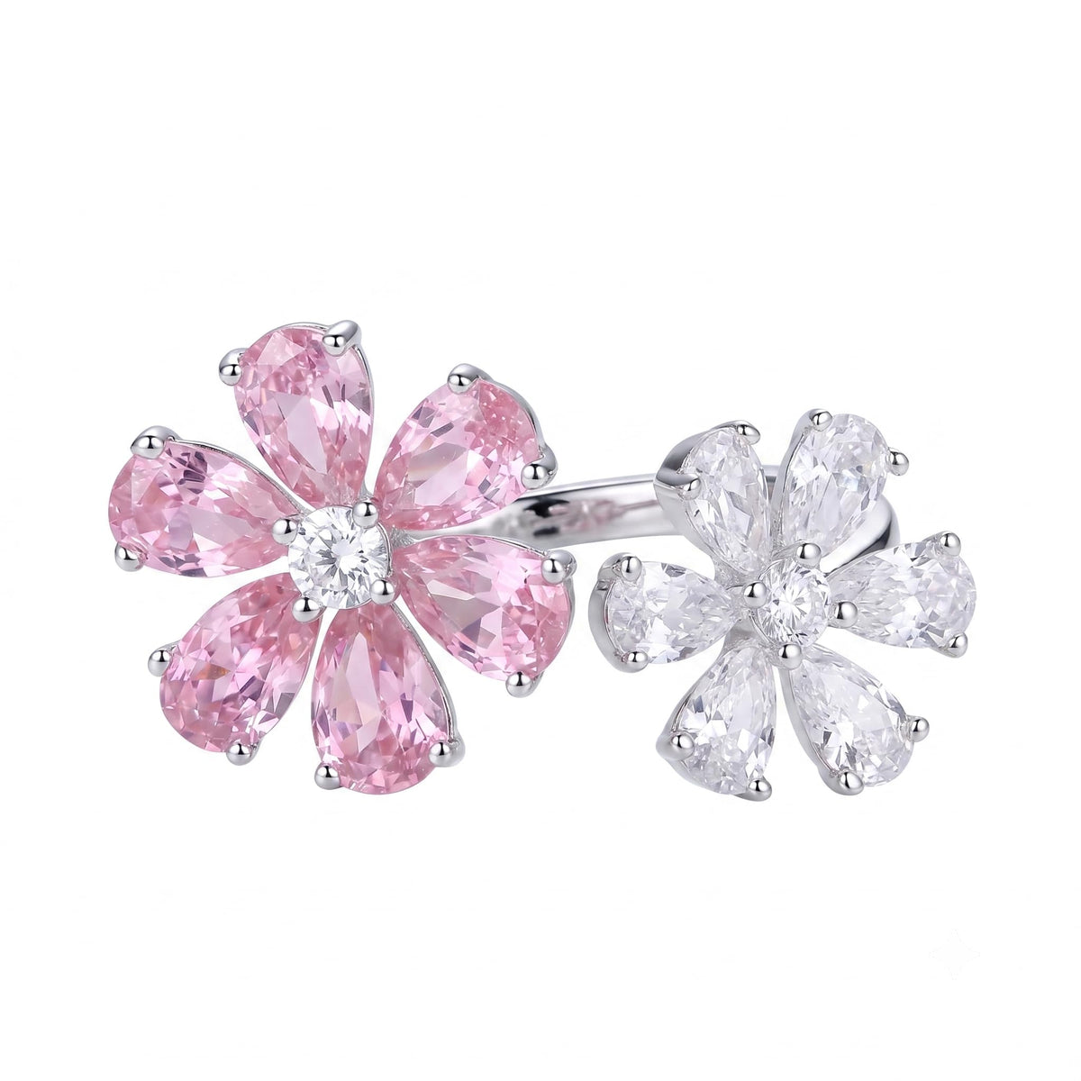 Floral Open Ring for Women, 925 Sterling Silver Pear Shape Cubic Zirconia Statement Ring, Platinum Plated Cocktail Jewelry
