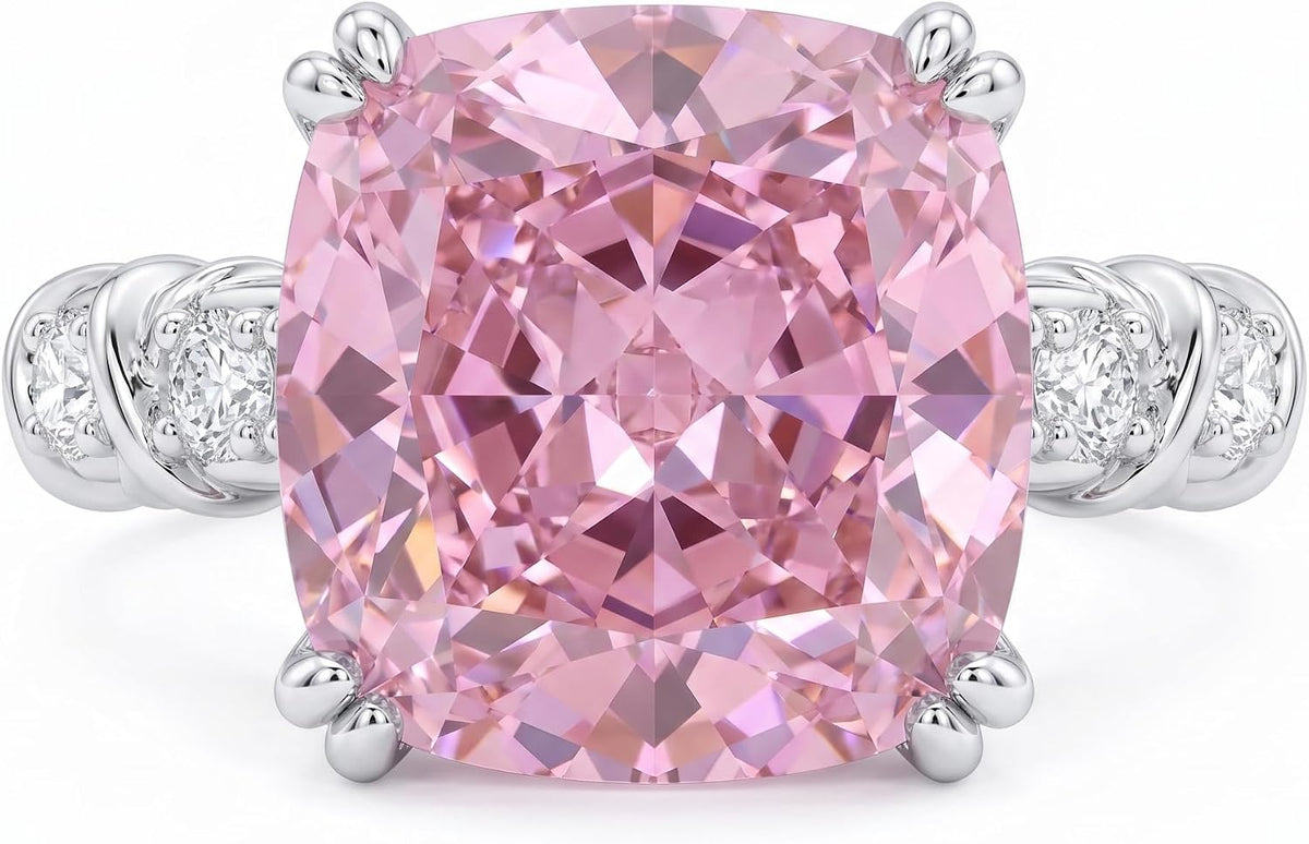 5CT Cushion Cut Cubic Zirconia Engagement Ring for Women, 925 Sterling Silver Platinum Plated Side Stone Cocktail Promise Ring