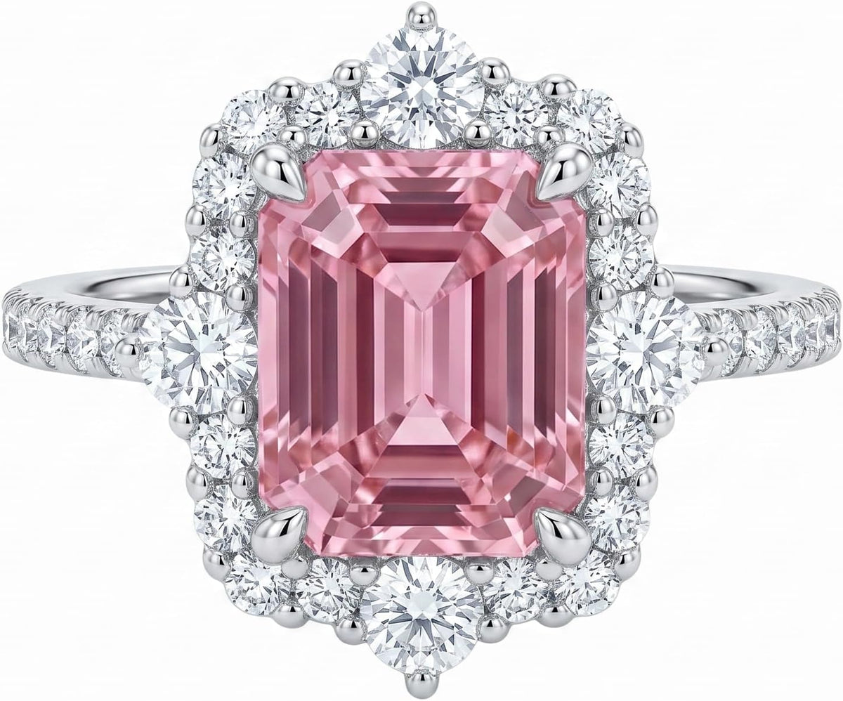4CT Emerald Cut Halo Engagement Ring for Women, Pagoda Cut Cubic Zirconia, 925 Sterling Silver Platinum Plated Pave Promise Anniversary Ring