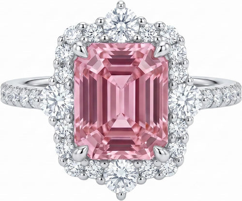 4CT Emerald Cut Halo Engagement Ring for Women, Pagoda Cut Cubic Zirconia, 925 Sterling Silver Platinum Plated Pave Promise Anniversary Ring