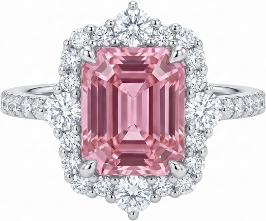 4CT Emerald Cut Halo Engagement Ring for Women, Pagoda Cut Cubic Zirconia, 925 Sterling Silver Platinum Plated Pave Promise Anniversary Ring