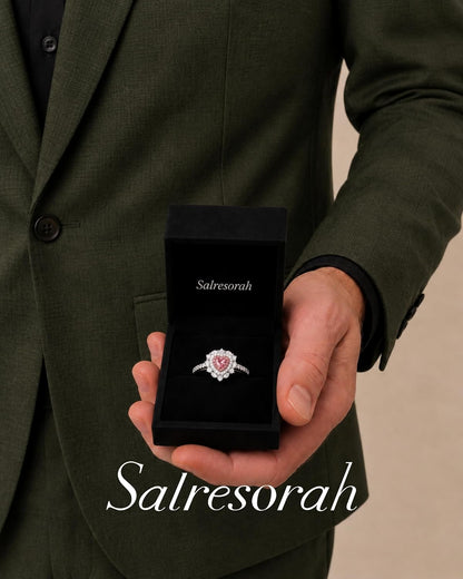 S925 Sterling Silver Pink Heart Ring for Women, 2ct Heart Cut Simulated Pink Diamond Double Halo Engagement Ring, Romantic Sweet Heart-Shaped Ring.