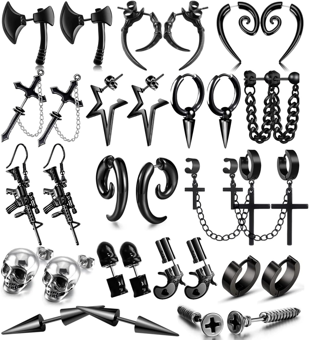 16-pair stainless steel punk dangle earring set