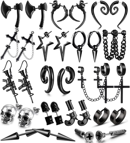 16-pair stainless steel punk dangle earring set