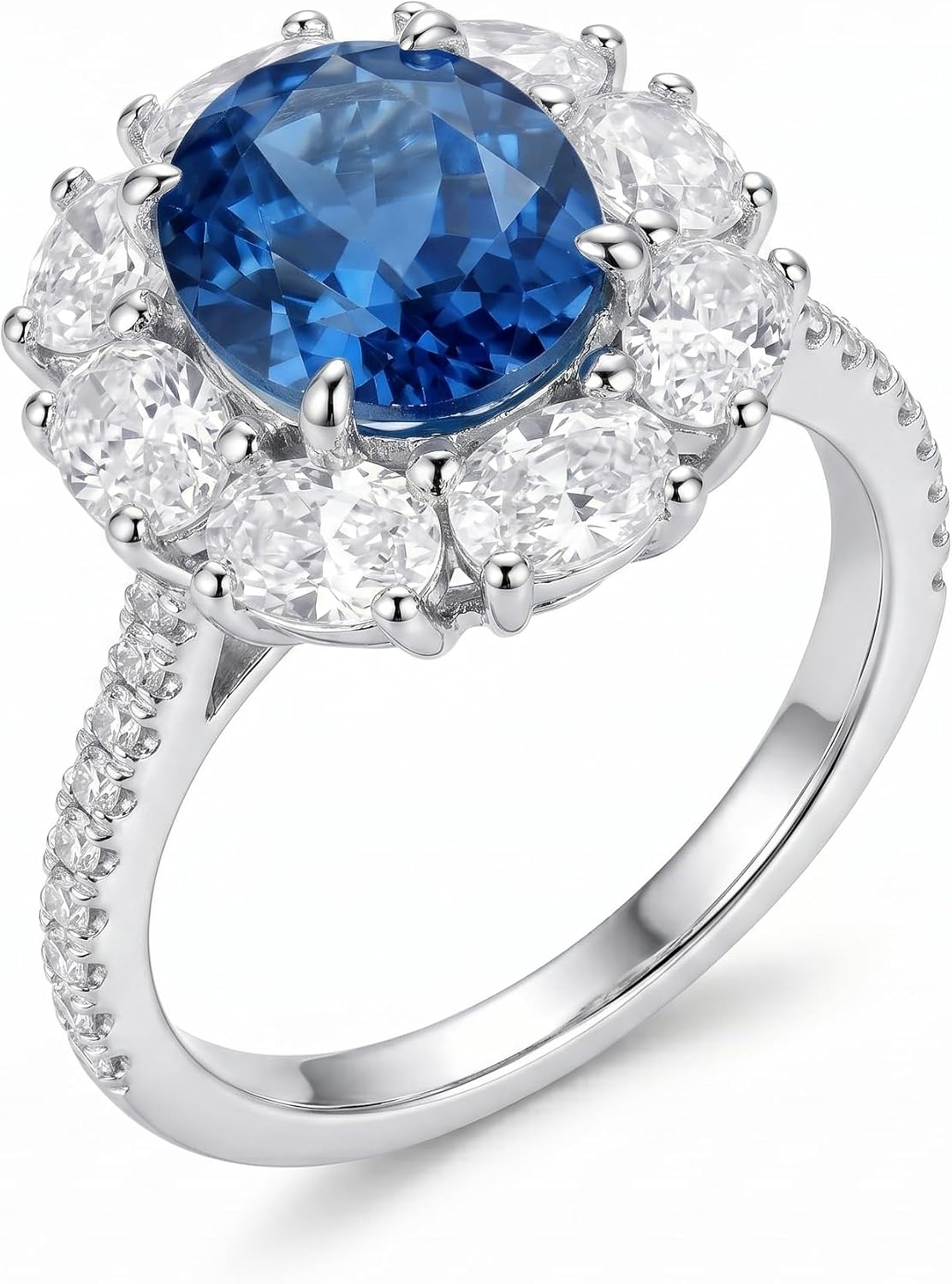3 Carat Oval Sapphire Blue Cubic Zirconia Halo Ring, 925 Sterling Silver Ring with Platinum Plating, Sapphire Rings for Women, Floral Engagement Ring,Cocktail Ring, Gift for Her