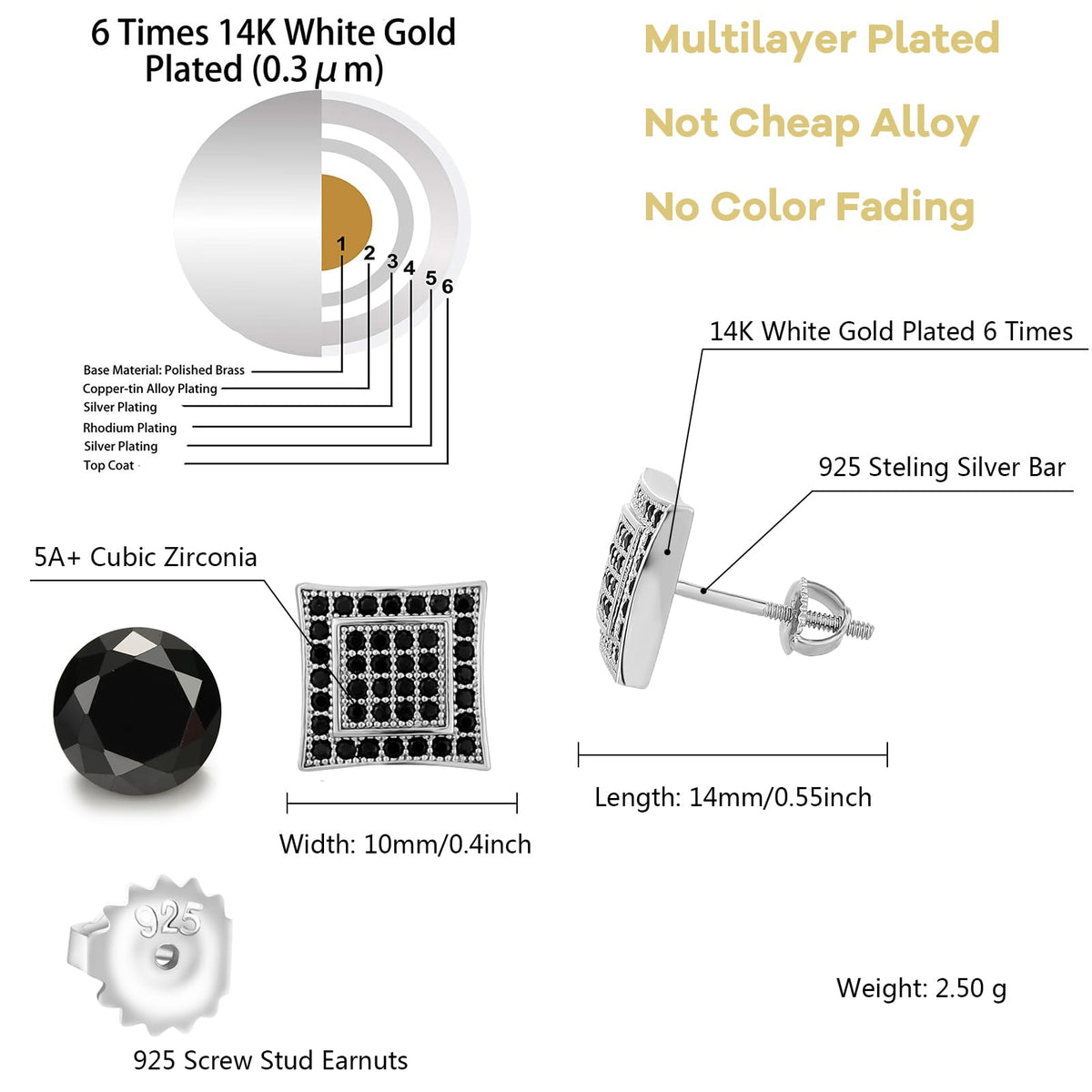 S925 square screw-back CZ stud earrings – product image 16