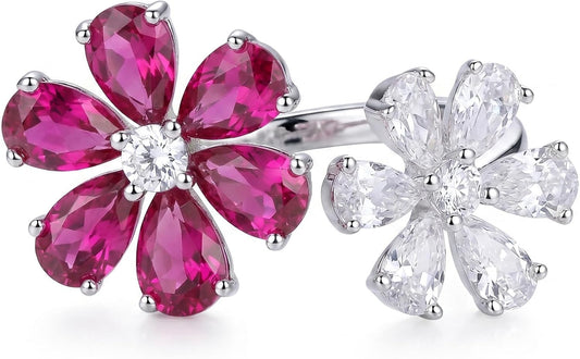 Floral Open Ring for Women, 925 Sterling Silver Pear Shape Cubic Zirconia Statement Ring, Platinum Plated Cocktail Jewelry