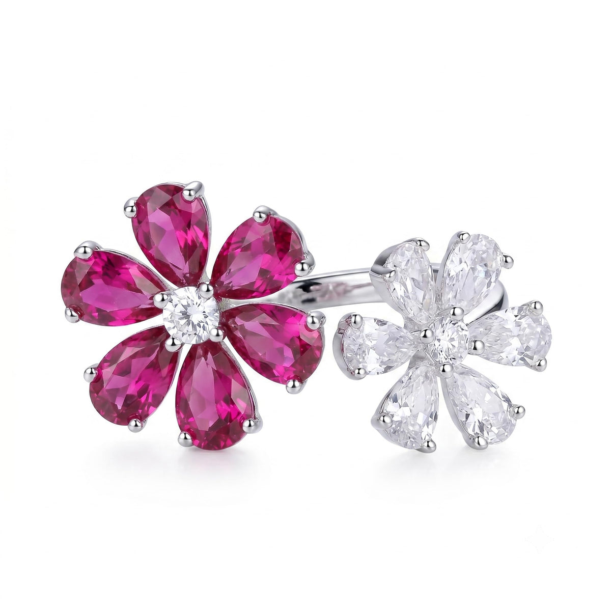 Floral Open Ring for Women, 925 Sterling Silver Pear Shape Cubic Zirconia Statement Ring, Platinum Plated Cocktail Jewelry