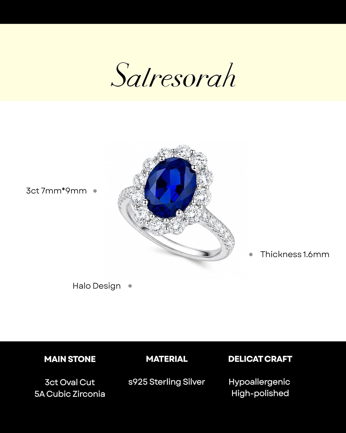3 Carat Oval Cut Cubic Zirconia Engagement Ring for Women, Halo 925 Sterling Silver Platinum Plated Vintage-Inspired Promise Ring