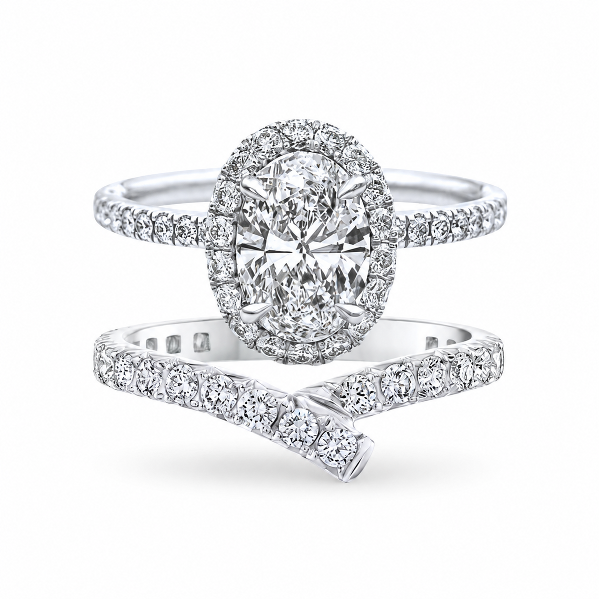 Moissanite Oval-Shaped Diamond Micropavé Engagement Ring Set – white background product image