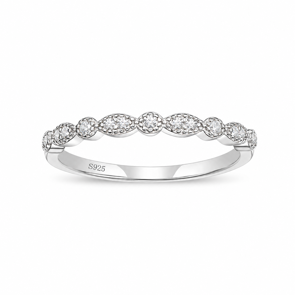 Marquise & Round Milgrain Half Eternity Stackable Ring 925 Sterling Silver Wedding Band – white background product image