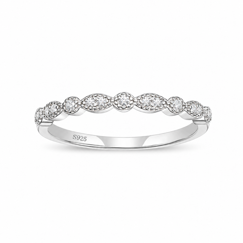 Marquise & Round Milgrain Half Eternity Stackable Ring 925 Sterling Silver Wedding Band – white background product image