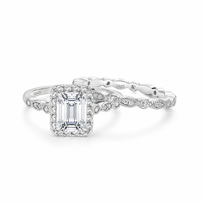 2CT 925 Sterling Silver Emerald Cut Cubic Zirconia Ring Set – white background product image