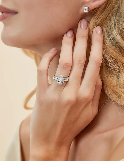 1.5CT Teardrop Halo Cubic Zirconia Ring Set