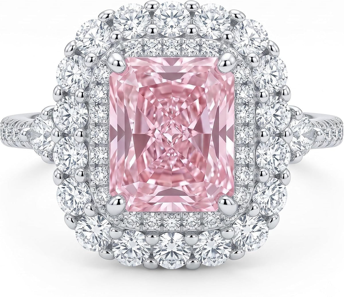 3CT Radiant Cut Double Halo Engagement Ring for Women, Cubic Zirconia 925 Sterling Silver Platinum Plated Cocktail Promise Ring
