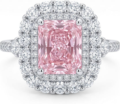 3CT Radiant Cut Double Halo Engagement Ring for Women, Cubic Zirconia 925 Sterling Silver Platinum Plated Cocktail Promise Ring