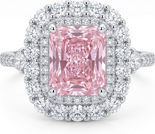 3CT Radiant Cut Double Halo Engagement Ring for Women, Cubic Zirconia 925 Sterling Silver Platinum Plated Cocktail Promise Ring