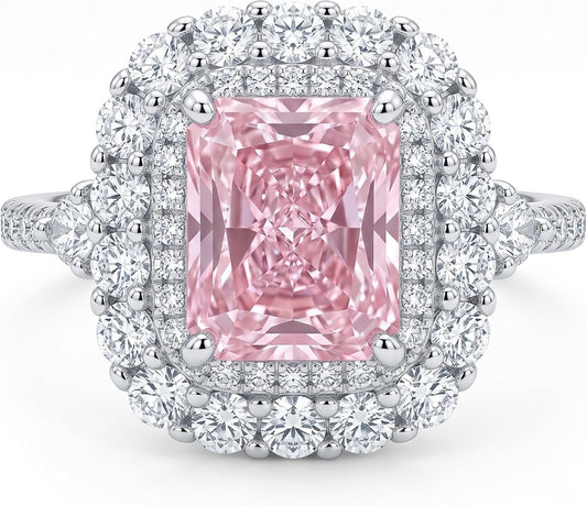 3CT Radiant Cut Double Halo Engagement Ring for Women, Cubic Zirconia 925 Sterling Silver Platinum Plated Cocktail Promise Ring