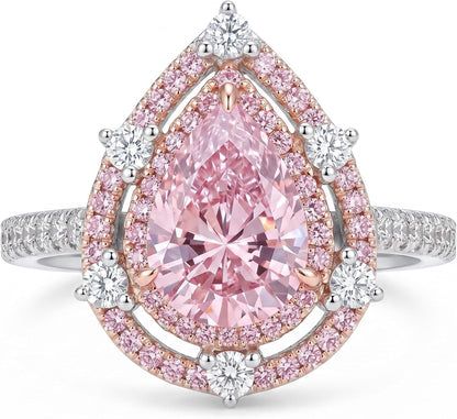 3 Carat Pear Cut Cubic Zirconia Engagement Ring for Women, Double Halo 925 Sterling Silver Platinum Plated Promise Wedding Ring
