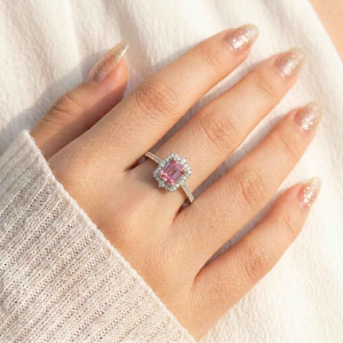 4CT Emerald Cut Halo Engagement Ring for Women, Pagoda Cut Cubic Zirconia, 925 Sterling Silver Platinum Plated Pave Promise Anniversary Ring