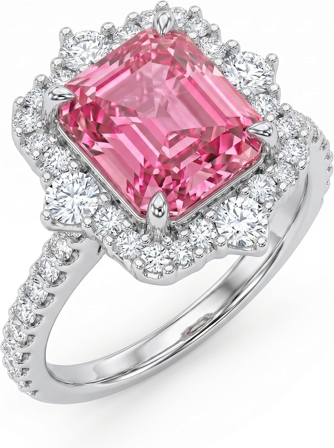 4CT Emerald Cut Halo Engagement Ring for Women, Pagoda Cut Cubic Zirconia, 925 Sterling Silver Platinum Plated Pave Promise Anniversary Ring