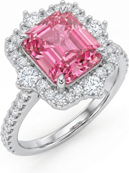 4CT Emerald Cut Halo Engagement Ring for Women, Pagoda Cut Cubic Zirconia, 925 Sterling Silver Platinum Plated Pave Promise Anniversary Ring