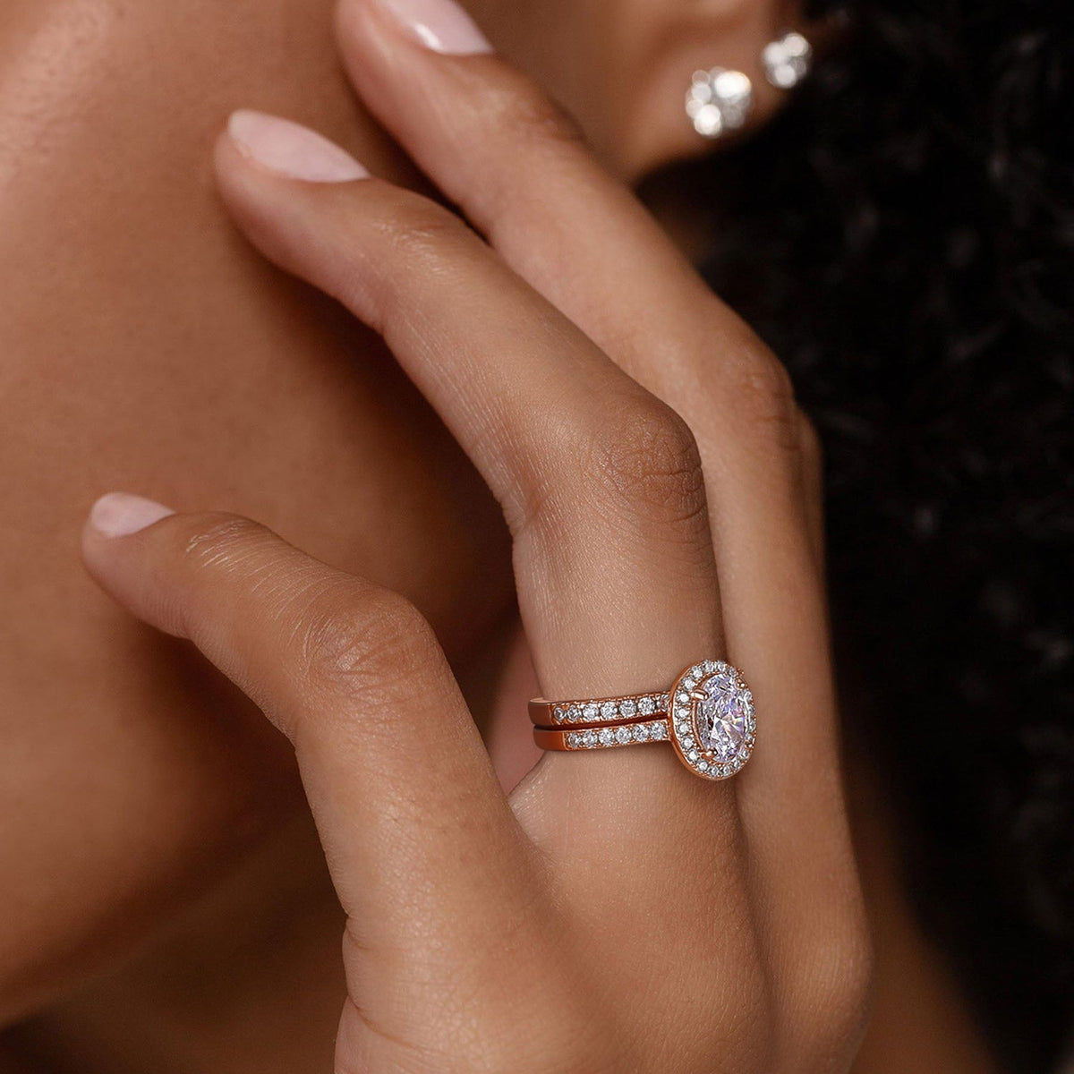 fake bridal set rings, cheap bridal ring sets, bridal set wedding ring, oval cut rings, travel rings, rose gold wedding ring sets