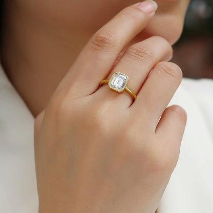 3 Carat Emerald Cut Moissanite Engagement Ring – Bezel Setting, Classic Solitaire Design,