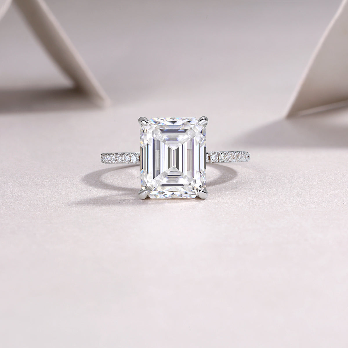 4 Carat Emerald Cut Moissanite Engagement Ring for Women – Half Coverage Classic Design, 30 Side Stones, Sterling Silver with 18K White Gold Plating