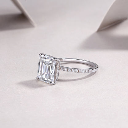 4 Carat Emerald Cut Moissanite Engagement Ring for Women – Half Coverage Classic Design, 30 Side Stones, Sterling Silver with 18K White Gold Plating