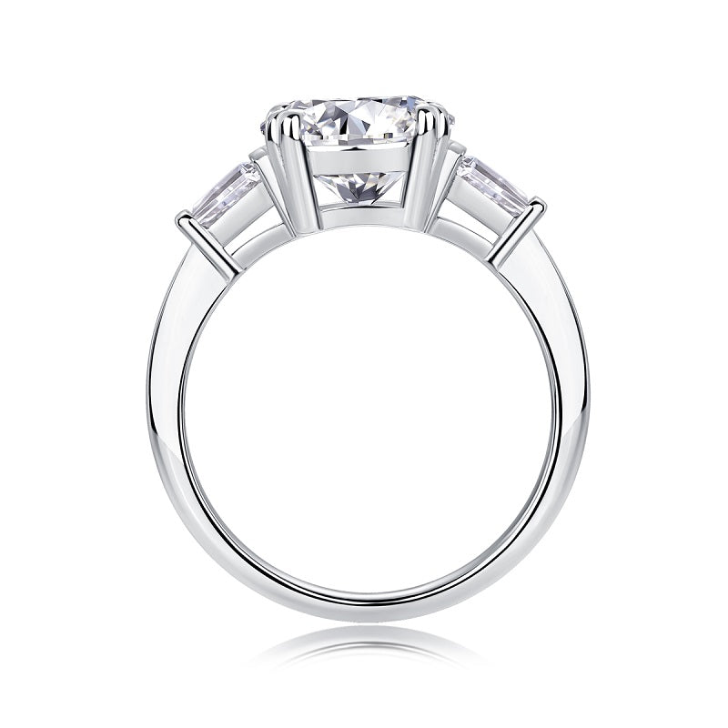 3CT Round Cut Moissanite Engagement Ring with Tapered Baguette Side Stones, Classic Three Stone Design