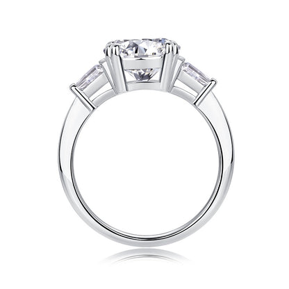 3CT Round Cut Moissanite Engagement Ring with Tapered Baguette Side Stones, Classic Three Stone Design