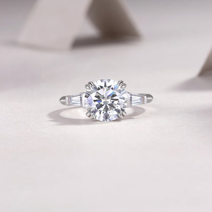 3CT Round Cut Moissanite Engagement Ring with Tapered Baguette Side Stones, Classic Three Stone Design