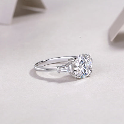 3CT Round Cut Moissanite Engagement Ring with Tapered Baguette Side Stones, Classic Three Stone Design