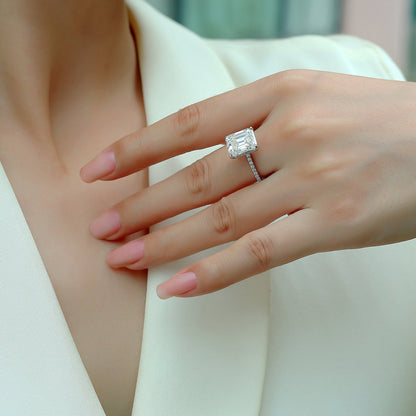4 Carat Emerald Cut Moissanite Engagement Ring for Women – Half Coverage Classic Design, 30 Side Stones, Sterling Silver with 18K White Gold Plating