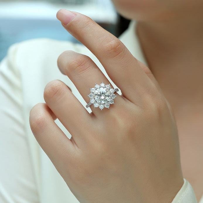 3CT Round Cut Moissanite Engagement Ring – Sunflower Halo Design, 925 Sterling Silver, Half Coverage Band, Brilliant Moissanite Stones
