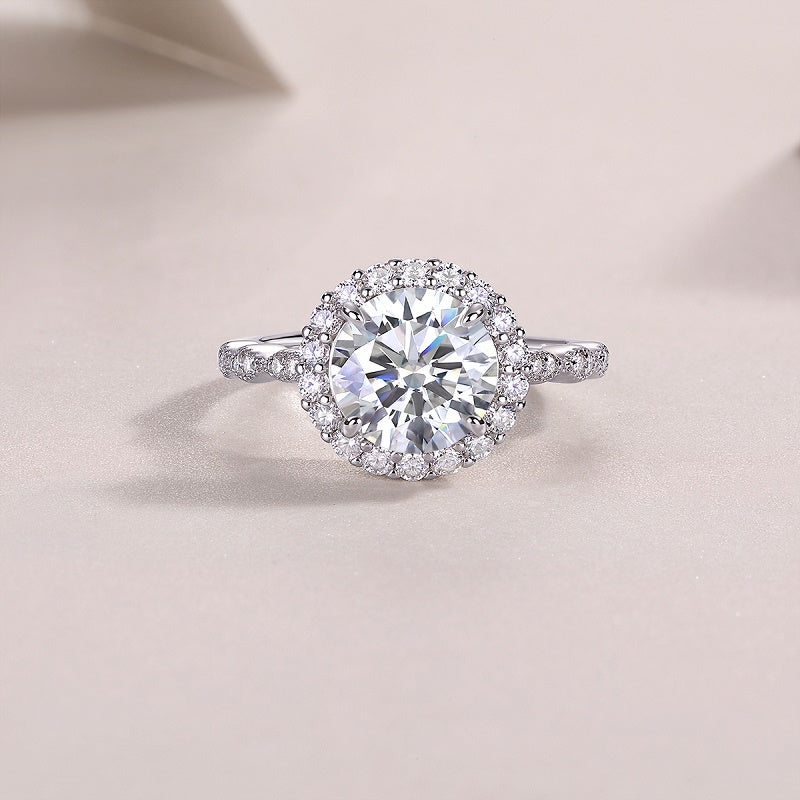 3CT Round Cut Moissanite Halo Engagement Ring with Twisted Band — 18K White Gold Plated 925 Sterling Silver