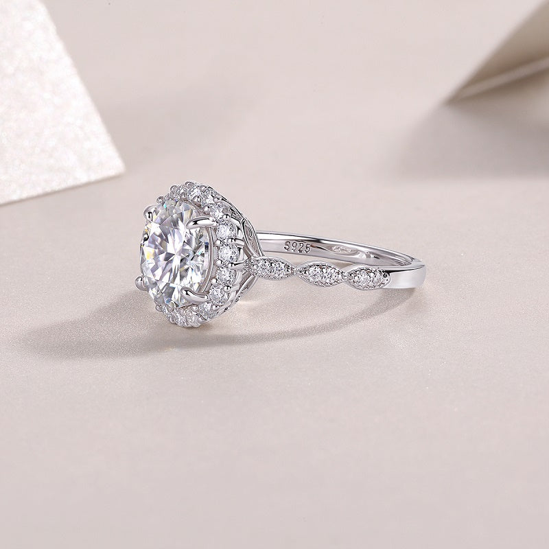 3CT Round Cut Moissanite Halo Engagement Ring with Twisted Band — 18K White Gold Plated 925 Sterling Silver