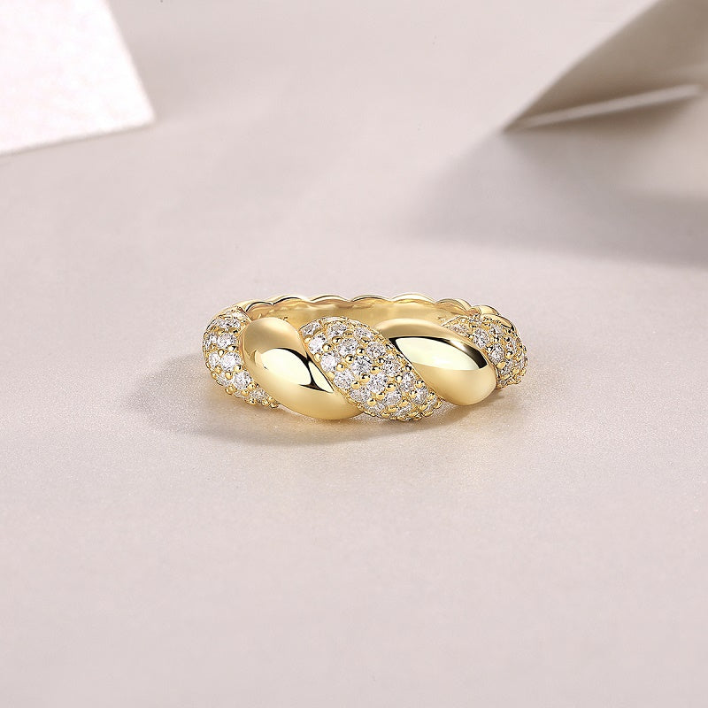 Twisted Gold Moissanite Band Ring with 63 Moissanite Stones, Pave Setting