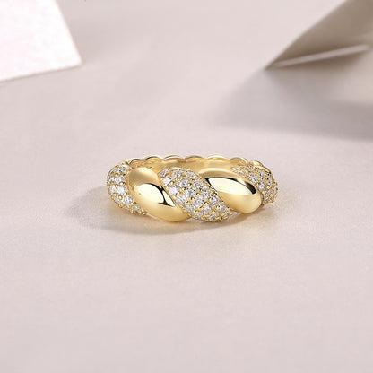 Twisted Gold Moissanite Band Ring with 63 Moissanite Stones, Pave Setting