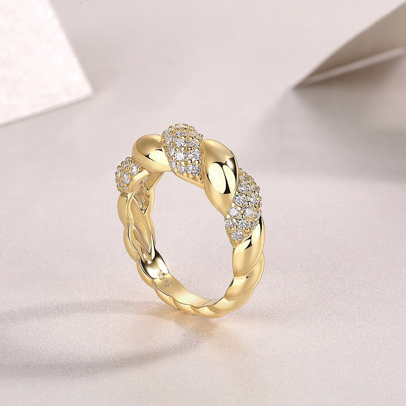 Twisted Gold Moissanite Band Ring with 63 Moissanite Stones, Pave Setting