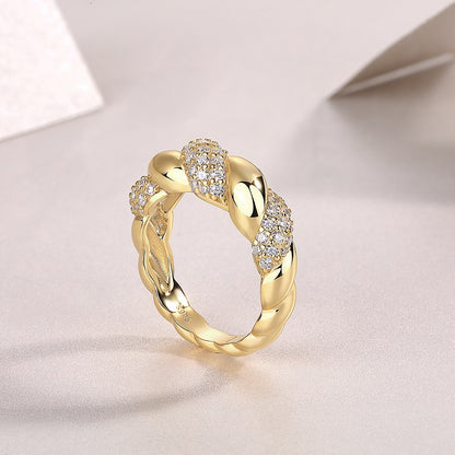 Twisted Gold Moissanite Band Ring with 63 Moissanite Stones, Pave Setting