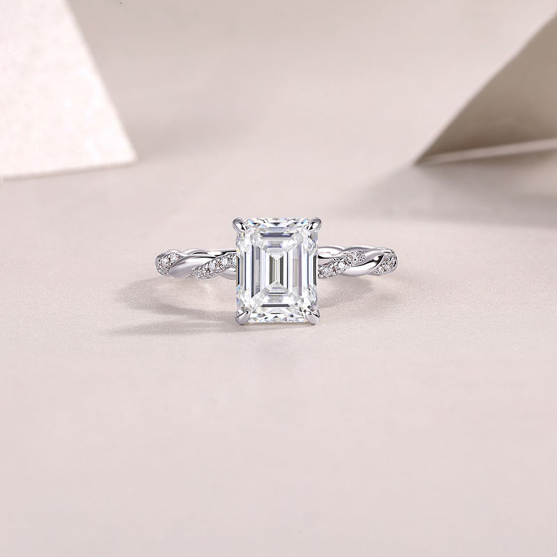 3CT Emerald Cut Moissanite Engagement Ring, Twisted Band with Pavé Side Stones,