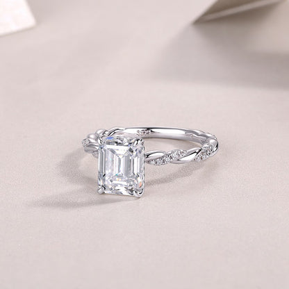 3CT Emerald Cut Moissanite Engagement Ring, Twisted Band with Pavé Side Stones,