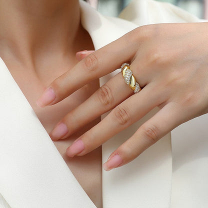 Twisted Gold Moissanite Band Ring with 63 Moissanite Stones, Pave Setting