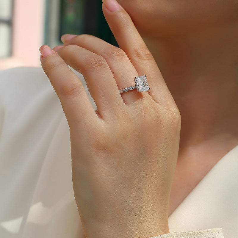 3CT Emerald Cut Moissanite Engagement Ring, Twisted Band with Pavé Side Stones,