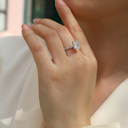 3CT Emerald Cut Moissanite Engagement Ring, Twisted Band with Pavé Side Stones,